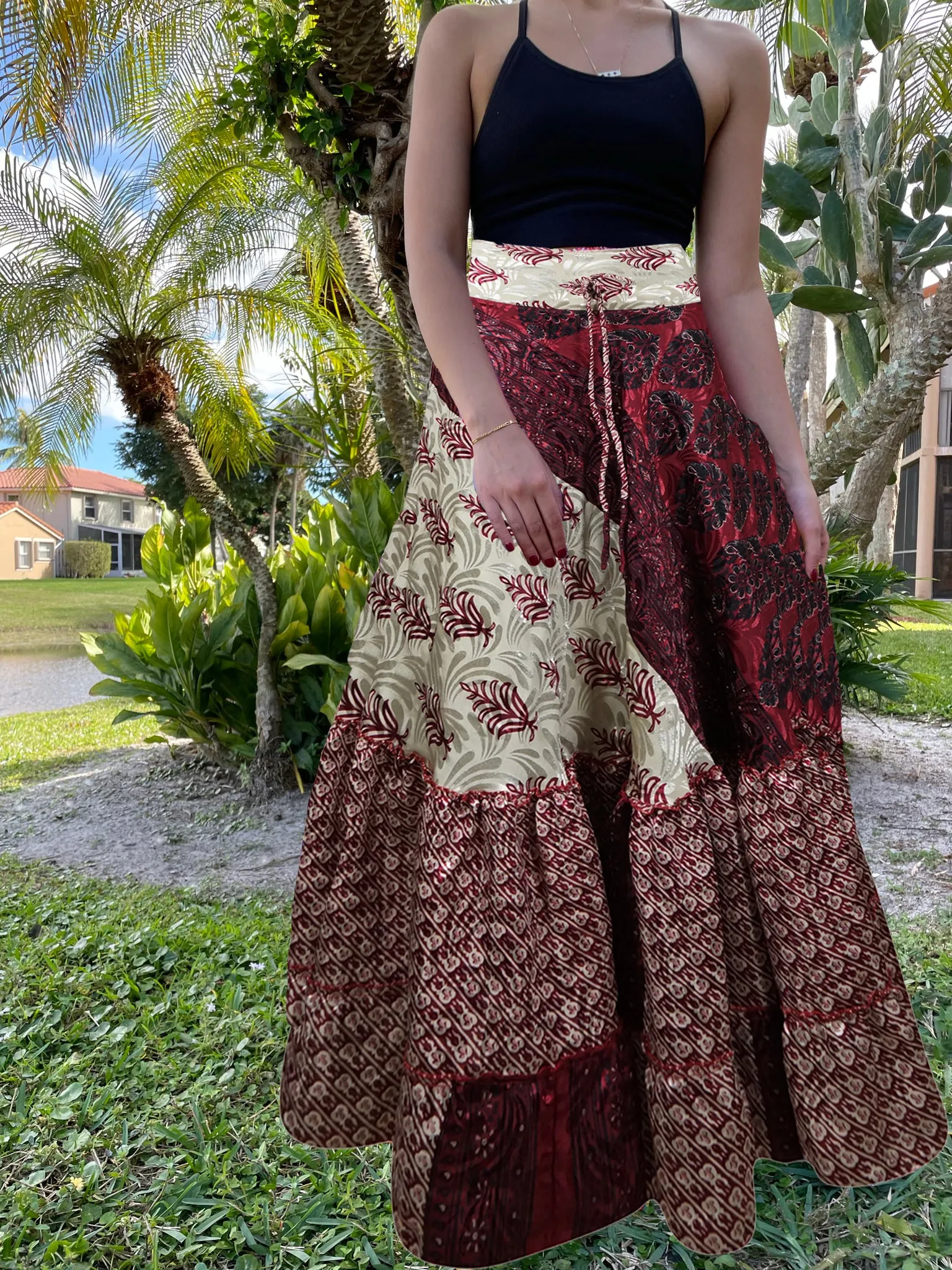 Flowy Skirts for Women Dark Red Floral Beach Patchwork Boho Skirt Dress M/L