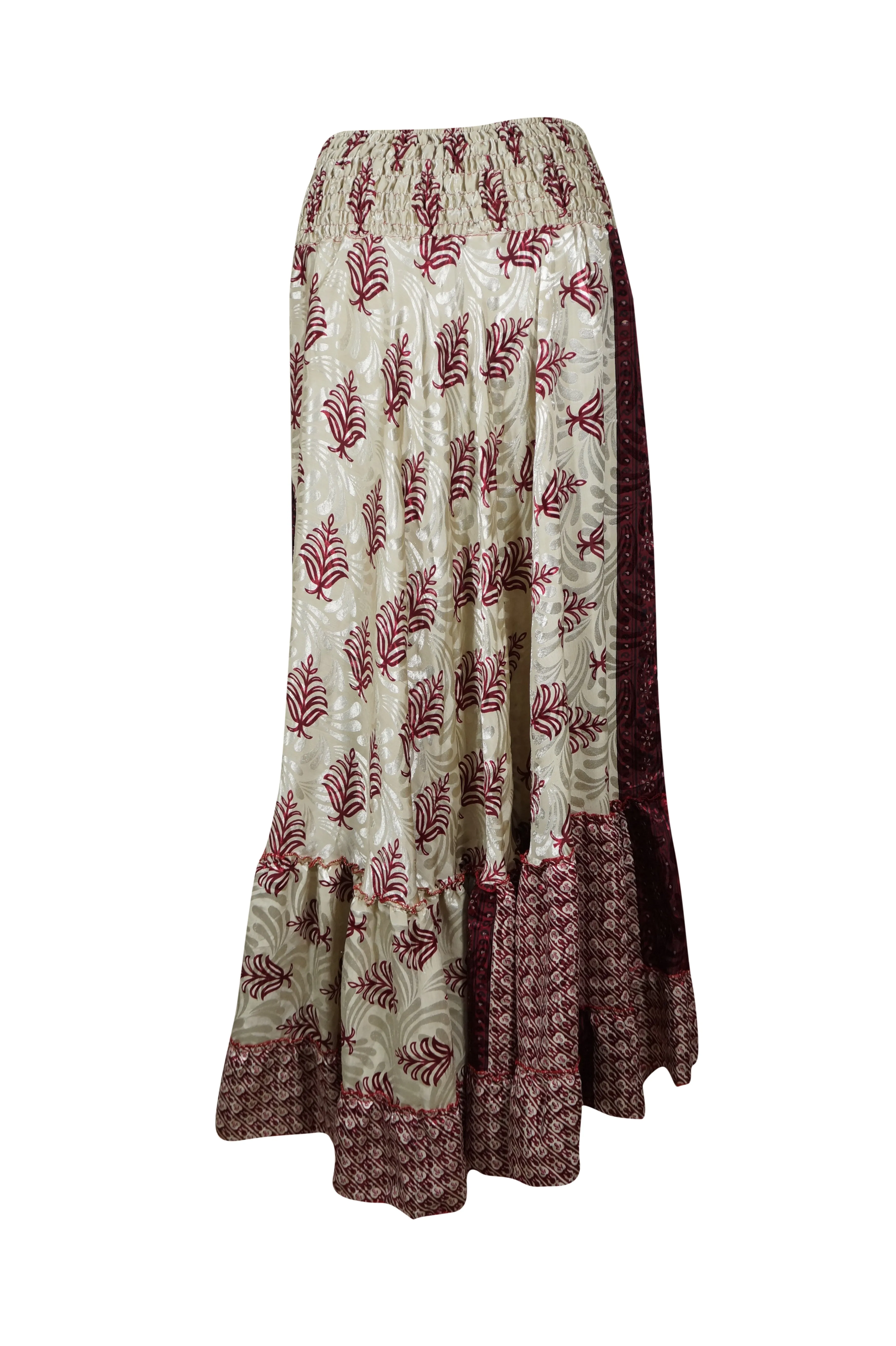 Flowy Skirts for Women Dark Red Floral Beach Patchwork Boho Skirt Dress M/L