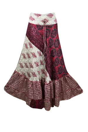 Flowy Skirts for Women Dark Red Floral Beach Patchwork Boho Skirt Dress M/L