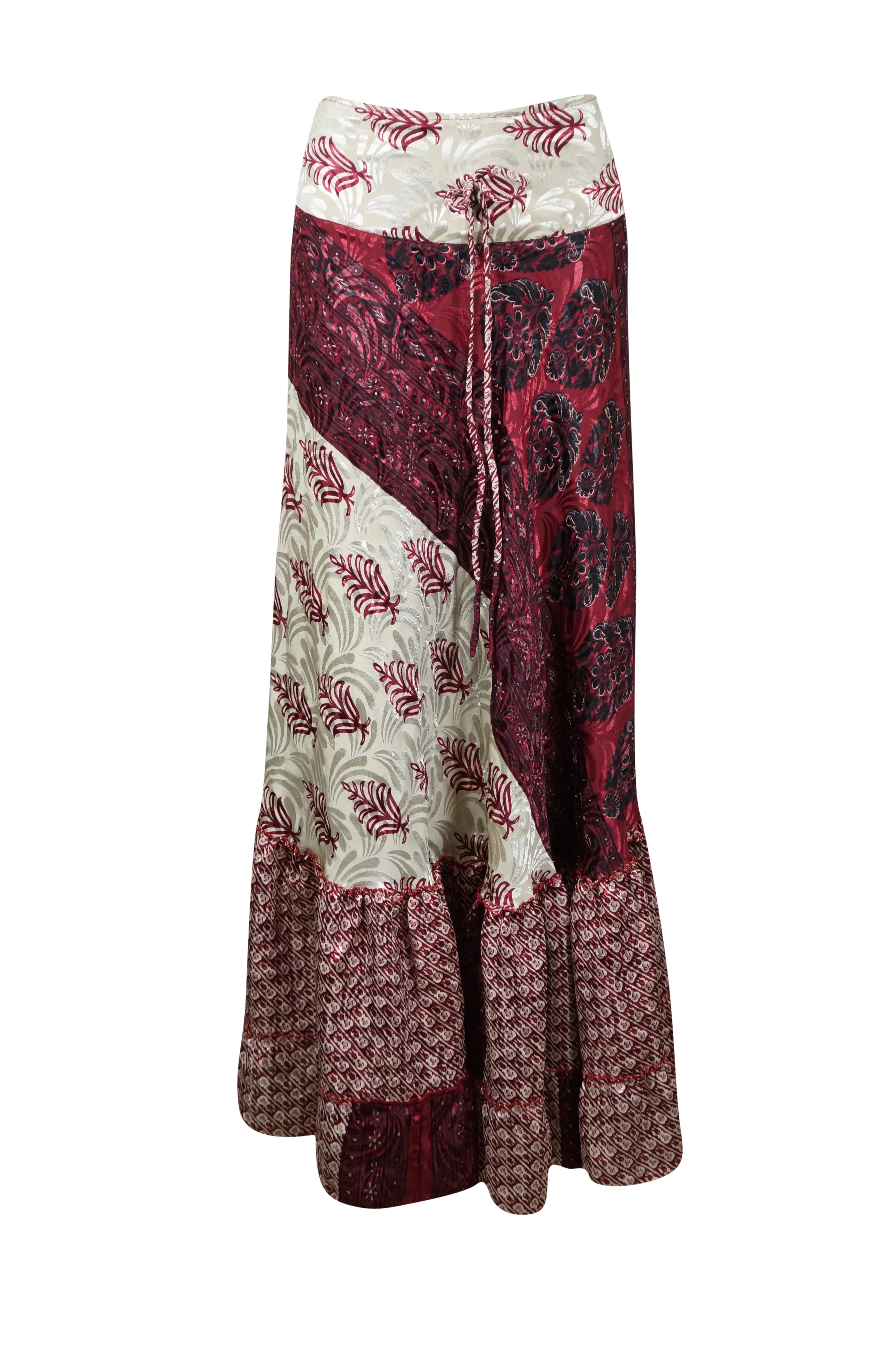 Flowy Skirts for Women Dark Red Floral Beach Patchwork Boho Skirt Dress M/L
