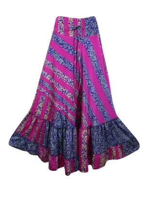 Flowy Skirts for Women Pink Floral Beach Maxi Skirt Patchwork Boho Skirt Dress ML