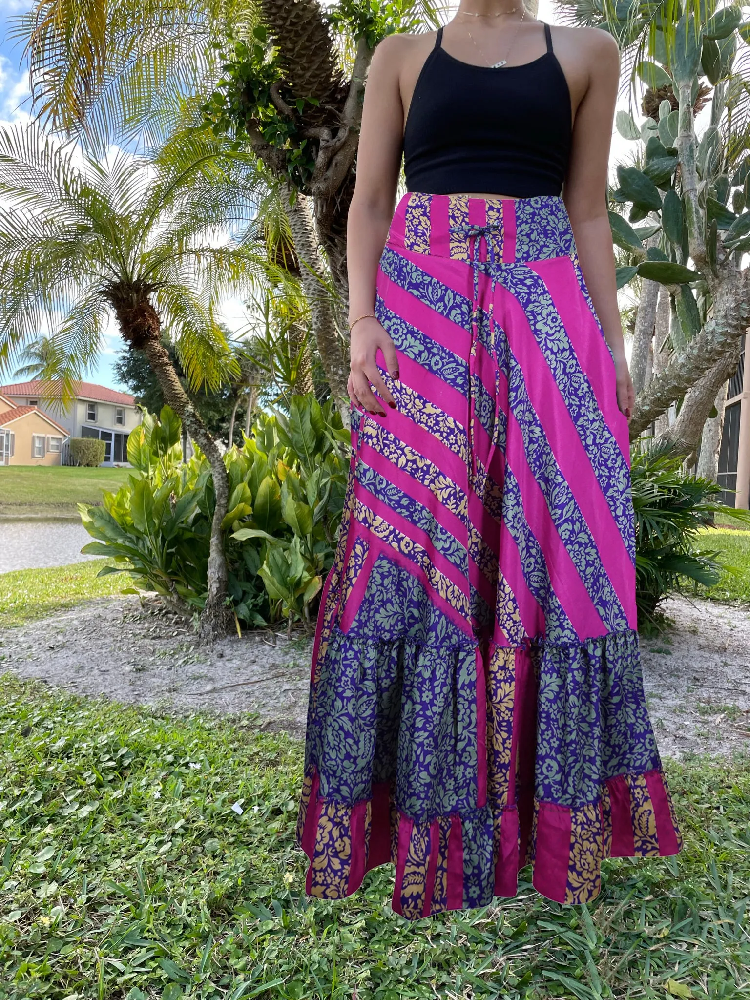 Flowy Skirts for Women Pink Floral Beach Maxi Skirt Patchwork Boho Skirt Dress ML