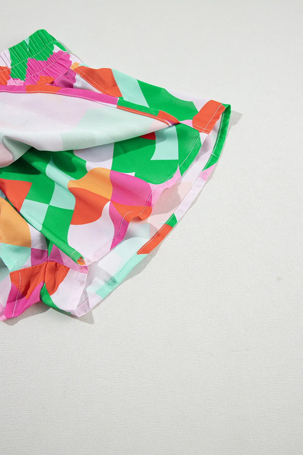 Green Abstract Print Smock Waist Casual Shorts
