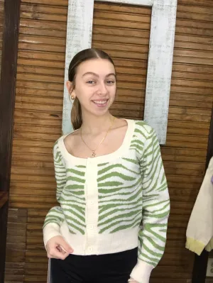 Green and White Zebra Print Cropped Sweater