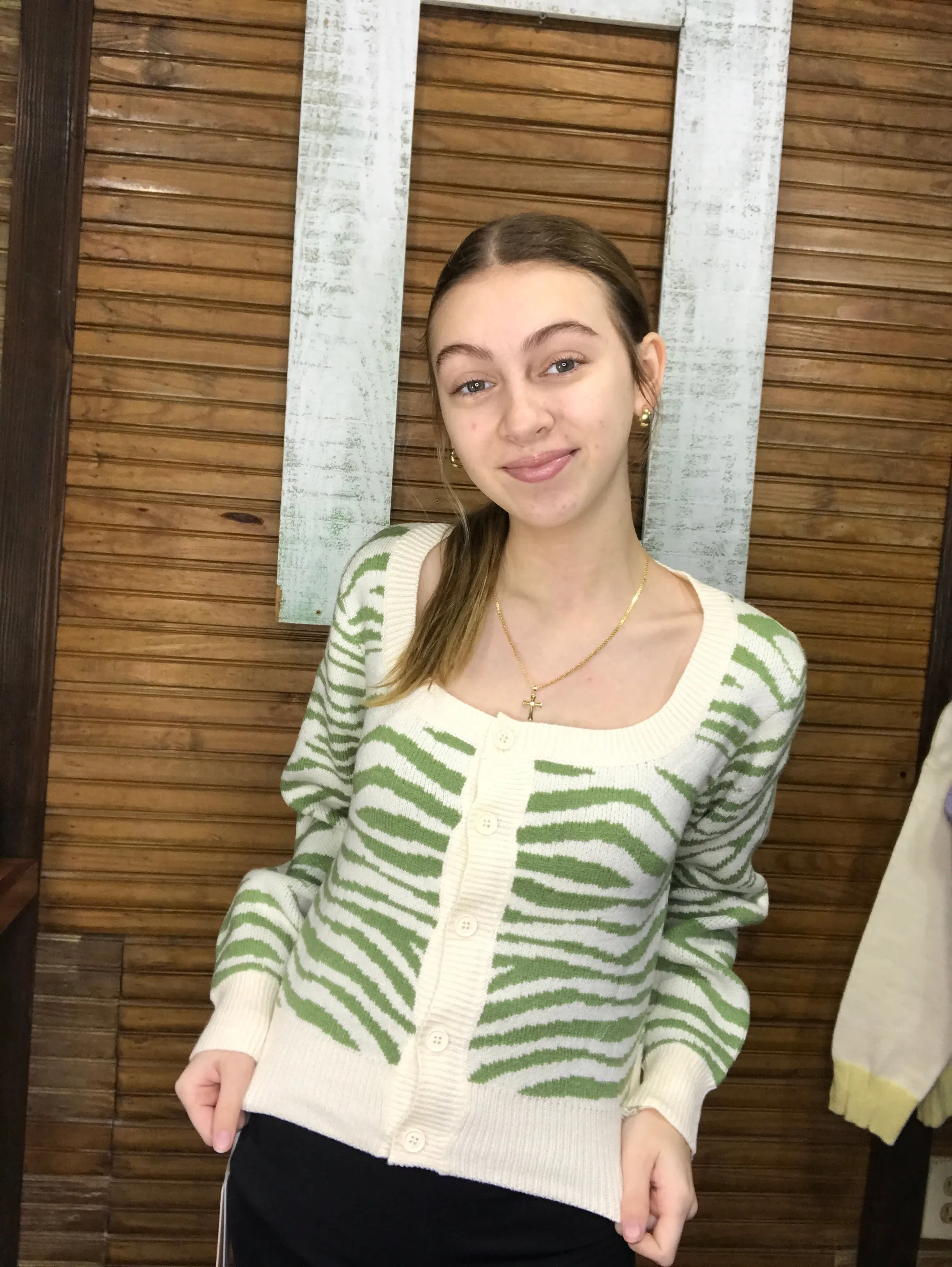Green and White Zebra Print Cropped Sweater
