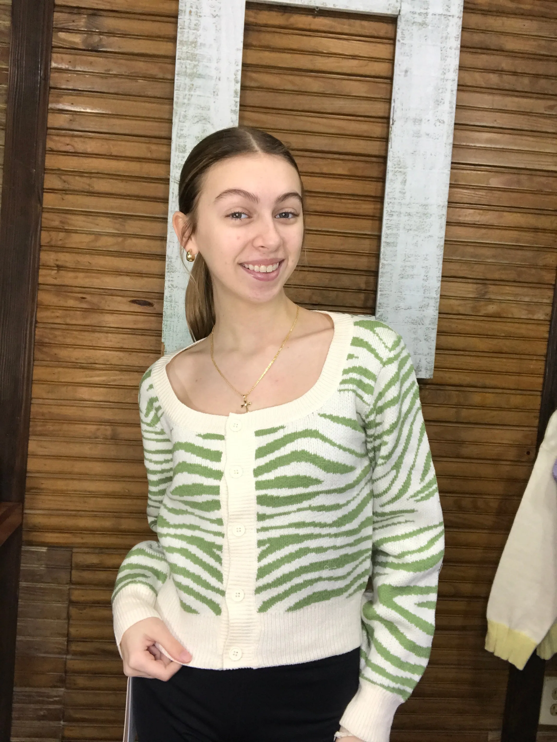 Green and White Zebra Print Cropped Sweater