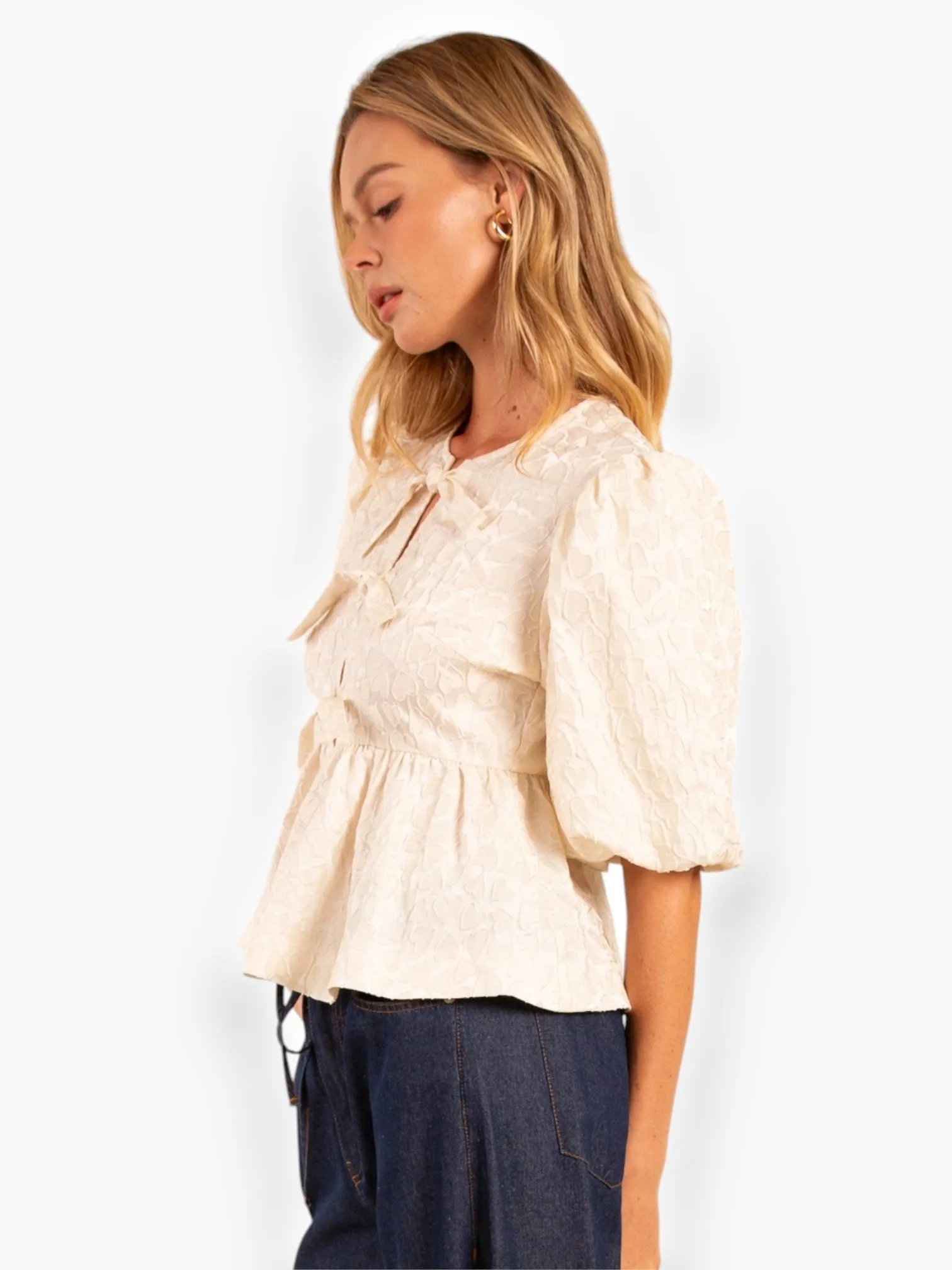 Heart Texture Cream Peplum Top