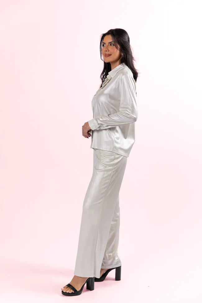 In The Works Silver Knit Button Down and Pants Set FINAL SALE