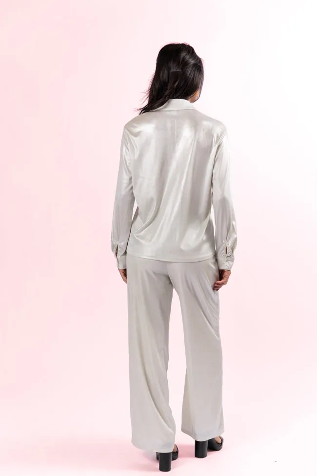 In The Works Silver Knit Button Down and Pants Set FINAL SALE
