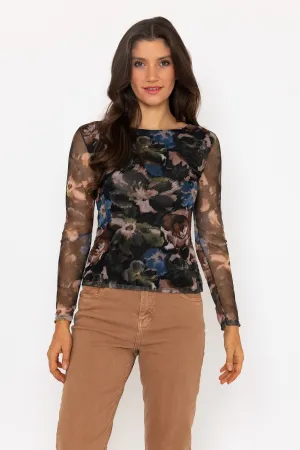 Khaki Printed Mesh Long Sleeve Top
