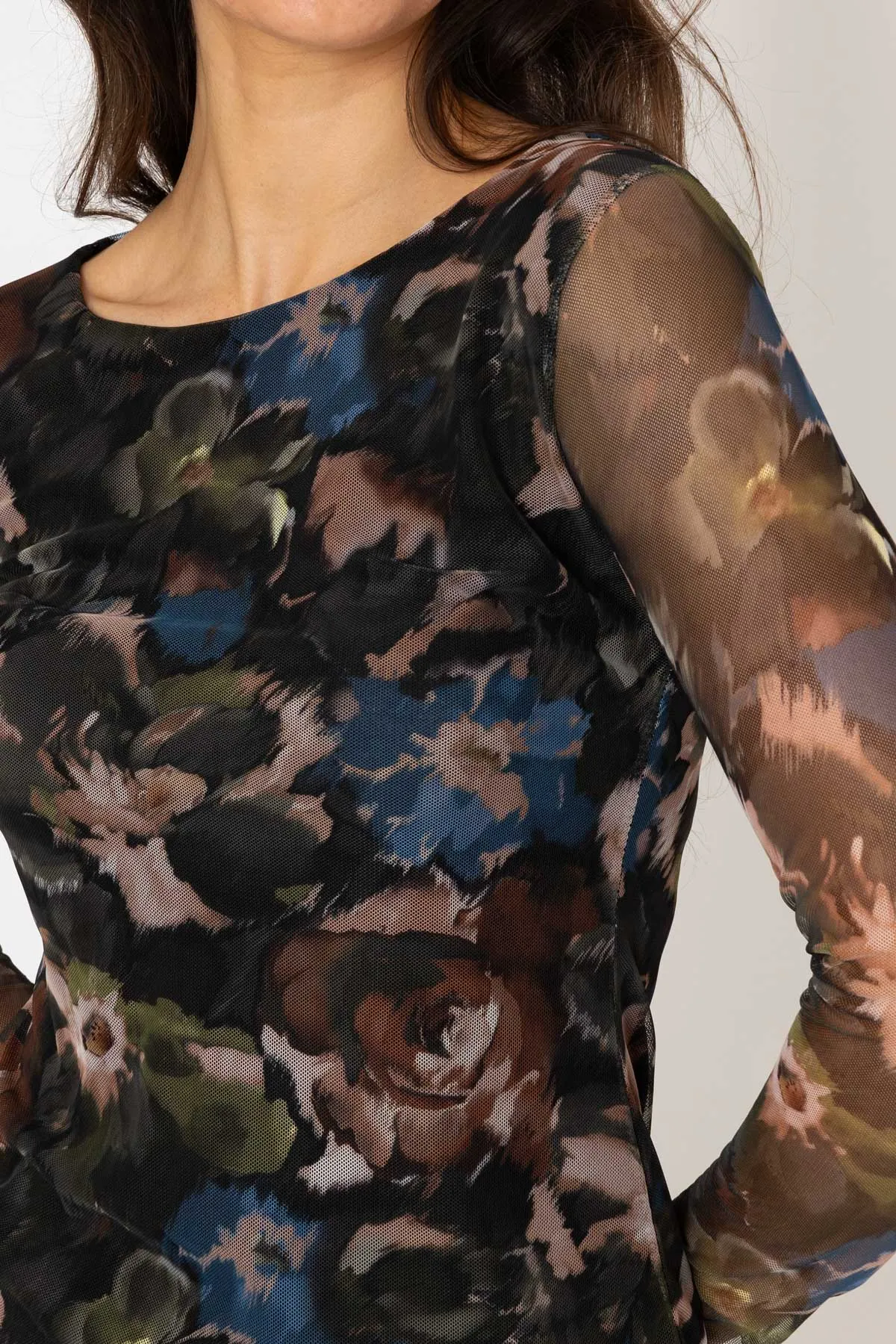 Khaki Printed Mesh Long Sleeve Top