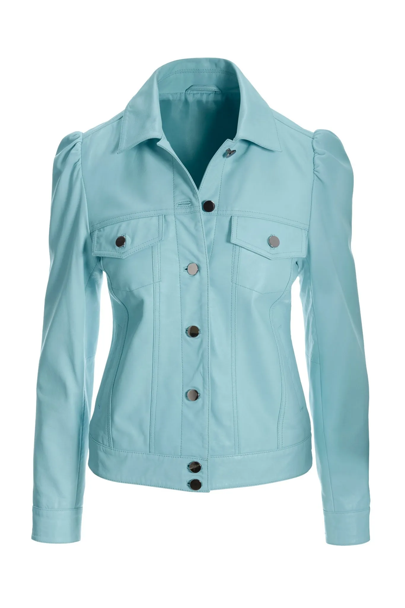 Leather Puff Sleeve Jacket Aquamarine