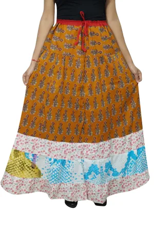 Maxi Skirt, Printed Floral Gold Cotton Skirt, Casual S/M