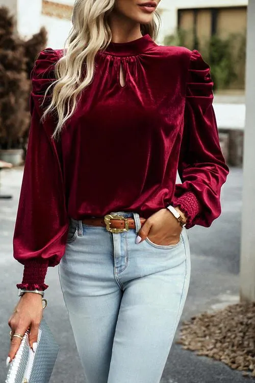 Mock Neck Velvet Long Sleeve Blouse