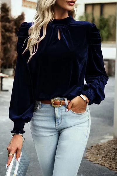 Mock Neck Velvet Long Sleeve Blouse