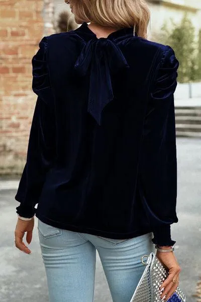 Mock Neck Velvet Long Sleeve Blouse