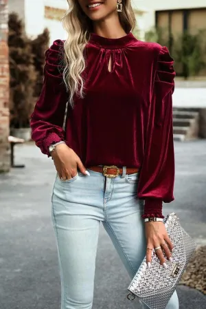 Mock Neck Velvet Long Sleeve Blouse