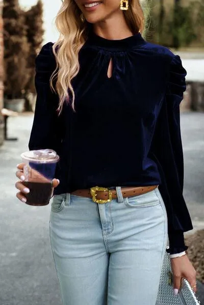 Mock Neck Velvet Long Sleeve Blouse