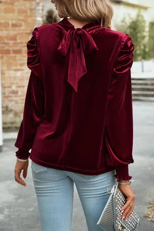 Mock Neck Velvet Long Sleeve Blouse