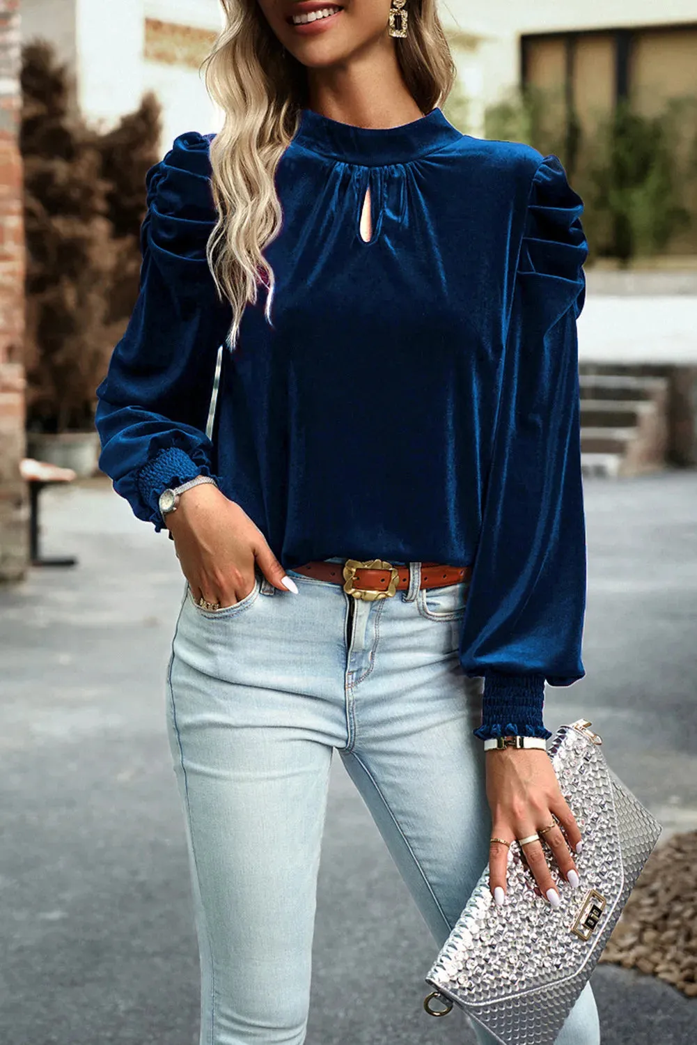 Mock Neck Velvet Long Sleeve Blouse