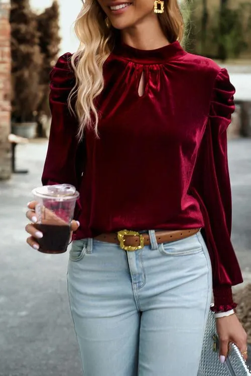 Mock Neck Velvet Long Sleeve Blouse