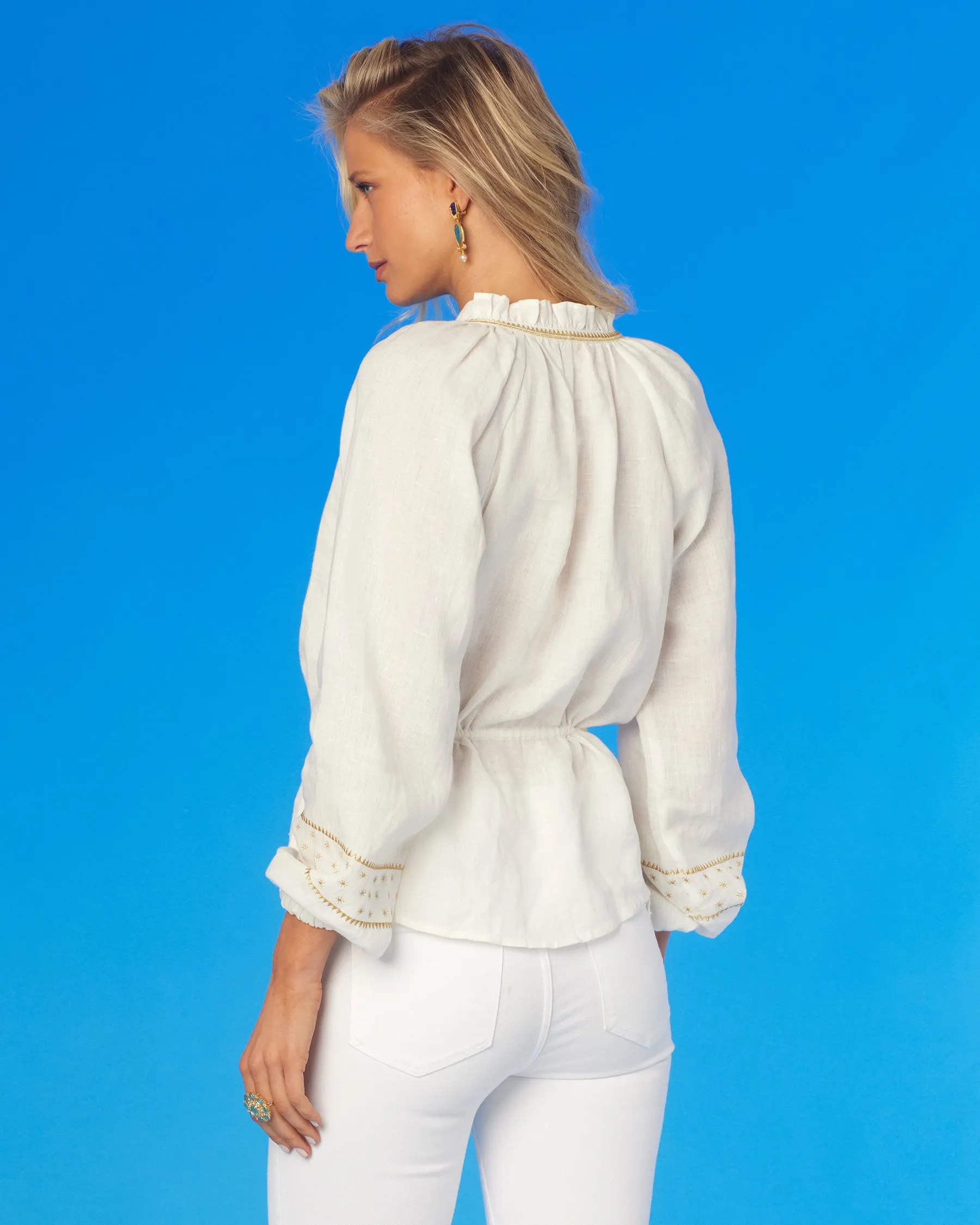 Mykonos Peasant Blouse in Soft White Linen