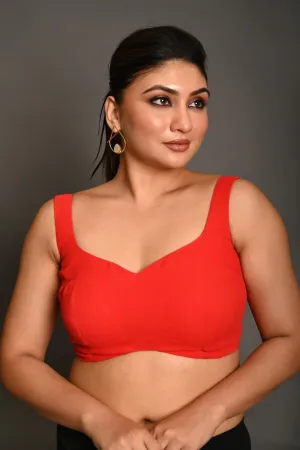 Pinkish Red Georgette Butterfly-Cut Sleeveless Blouse with Sweetheart Neckline