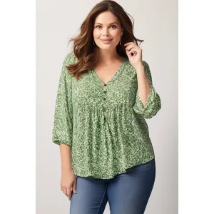 Plus Size Everyday Green Ditsy Floral Print Lantern Sleeve V Neck Blouse 3/4 Sleeve Summer Women's Tops