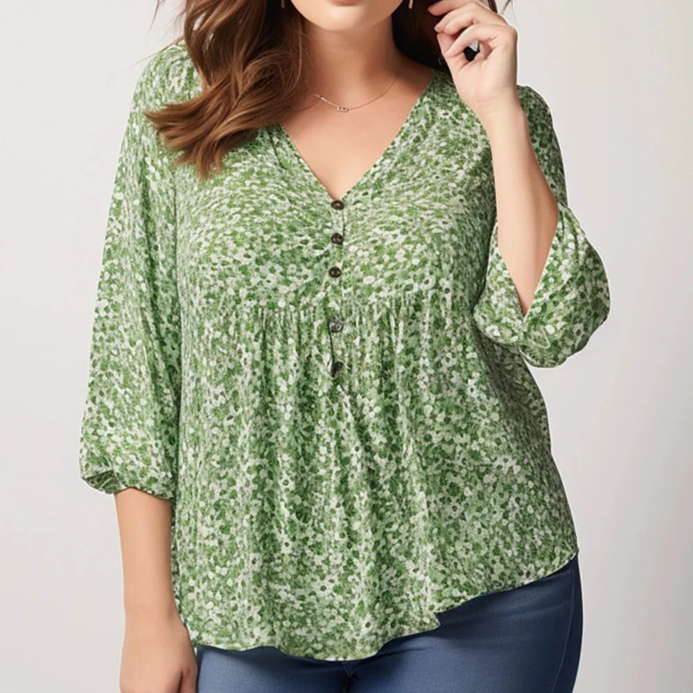 Plus Size Everyday Green Ditsy Floral Print Lantern Sleeve V Neck Blouse 3/4 Sleeve Summer Women's Tops