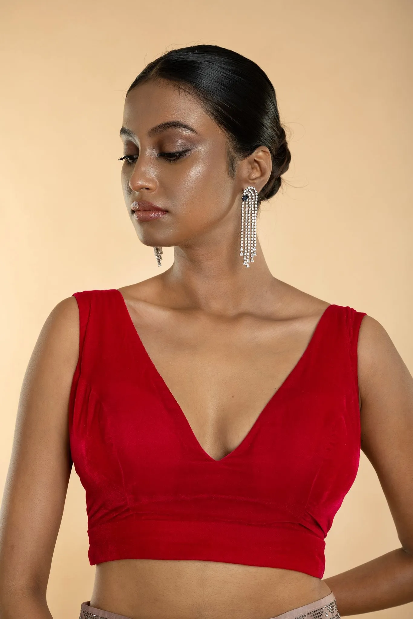 Rani Pink Sleeveless Velvet Blouse with Plunging V Neckline
