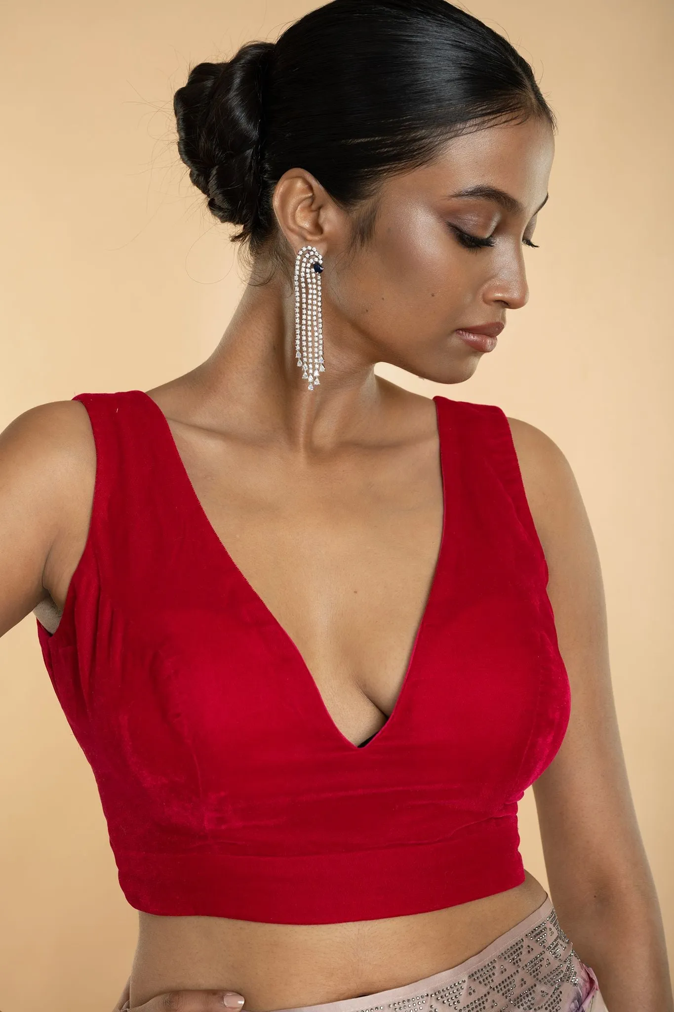 Rani Pink Sleeveless Velvet Blouse with Plunging V Neckline
