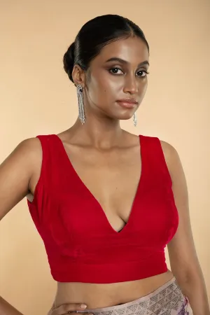 Rani Pink Sleeveless Velvet Blouse with Plunging V Neckline