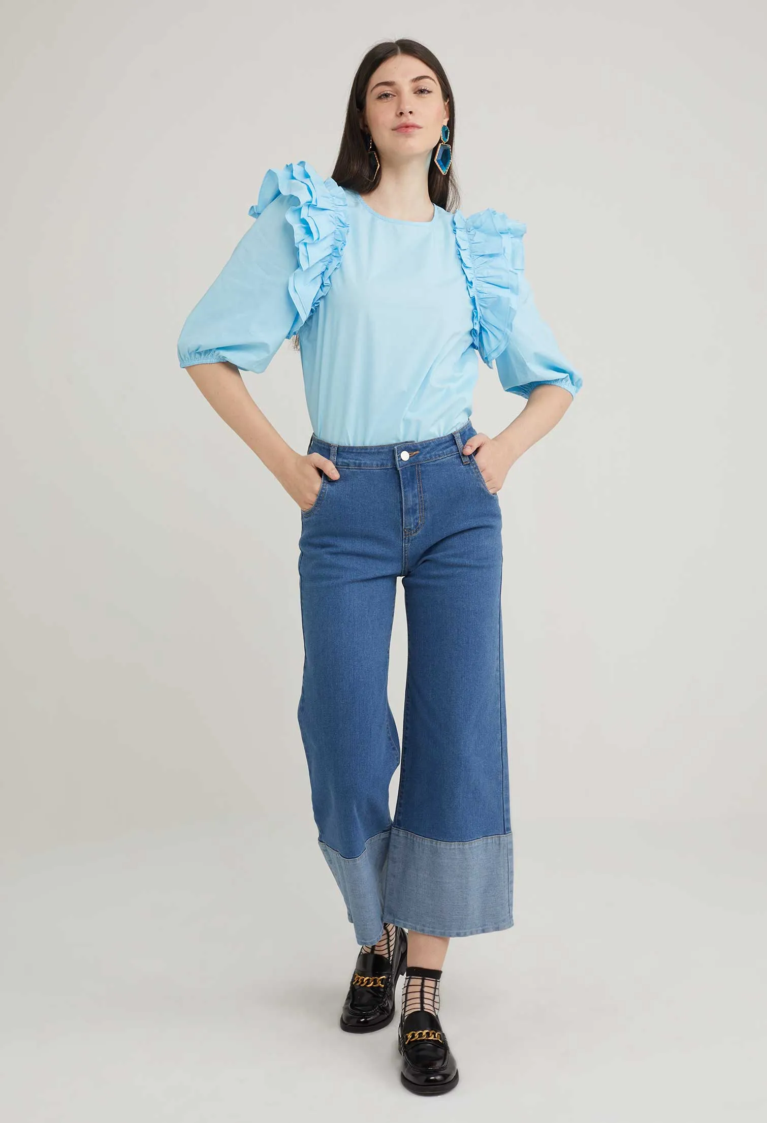 Rolled Hem Straight Cut Denim Trousers