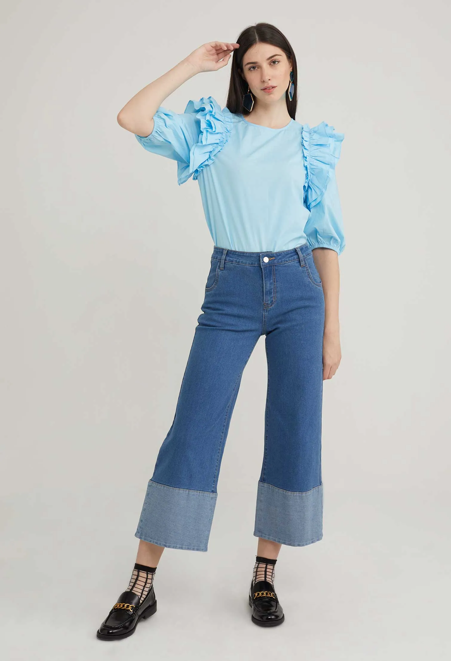 Rolled Hem Straight Cut Denim Trousers
