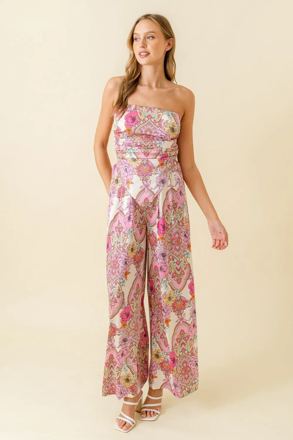 satin floral scarf print wide leg pants