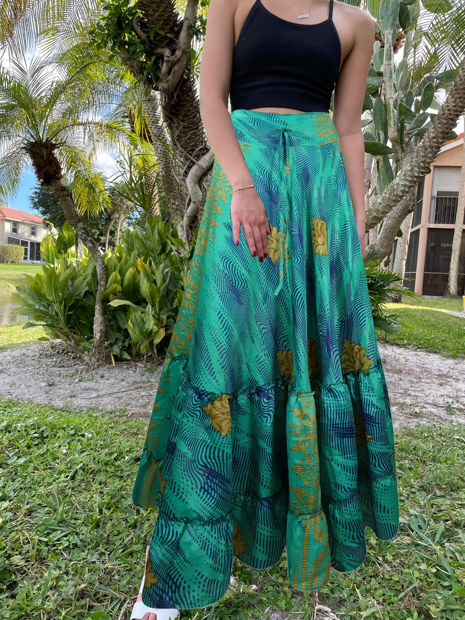 Sea Green Flowy Skirts Floral Beach Tiered Ruffle Boho Maxi Skirt ML