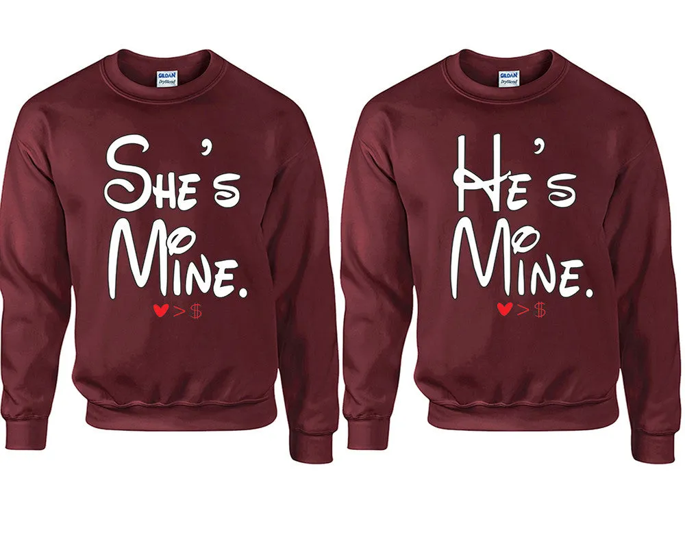 She's Mine & He's Mine Couple Matching Crewneck Sweaters – Unisex Pullover Sweaters Sold Separately for Him and Her