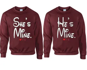 She's Mine & He's Mine Couple Matching Crewneck Sweaters – Unisex Pullover Sweaters Sold Separately for Him and Her