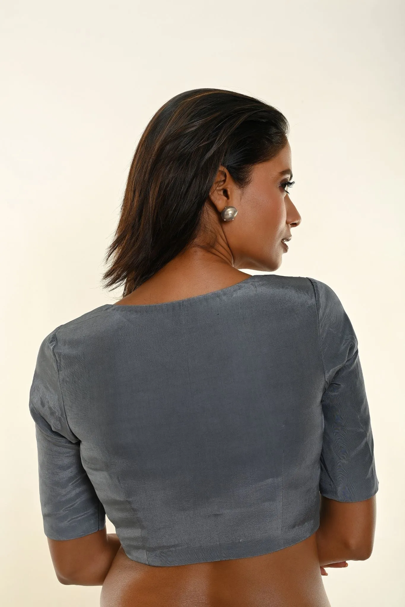 Slate Grey Crepe Silk Blouse with Sweetheart Neckline and Elbow-Length Sleeves Description