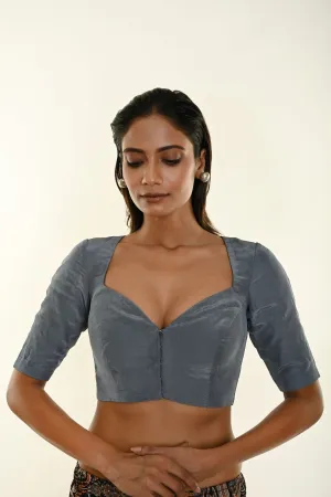 Slate Grey Crepe Silk Blouse with Sweetheart Neckline and Elbow-Length Sleeves Description