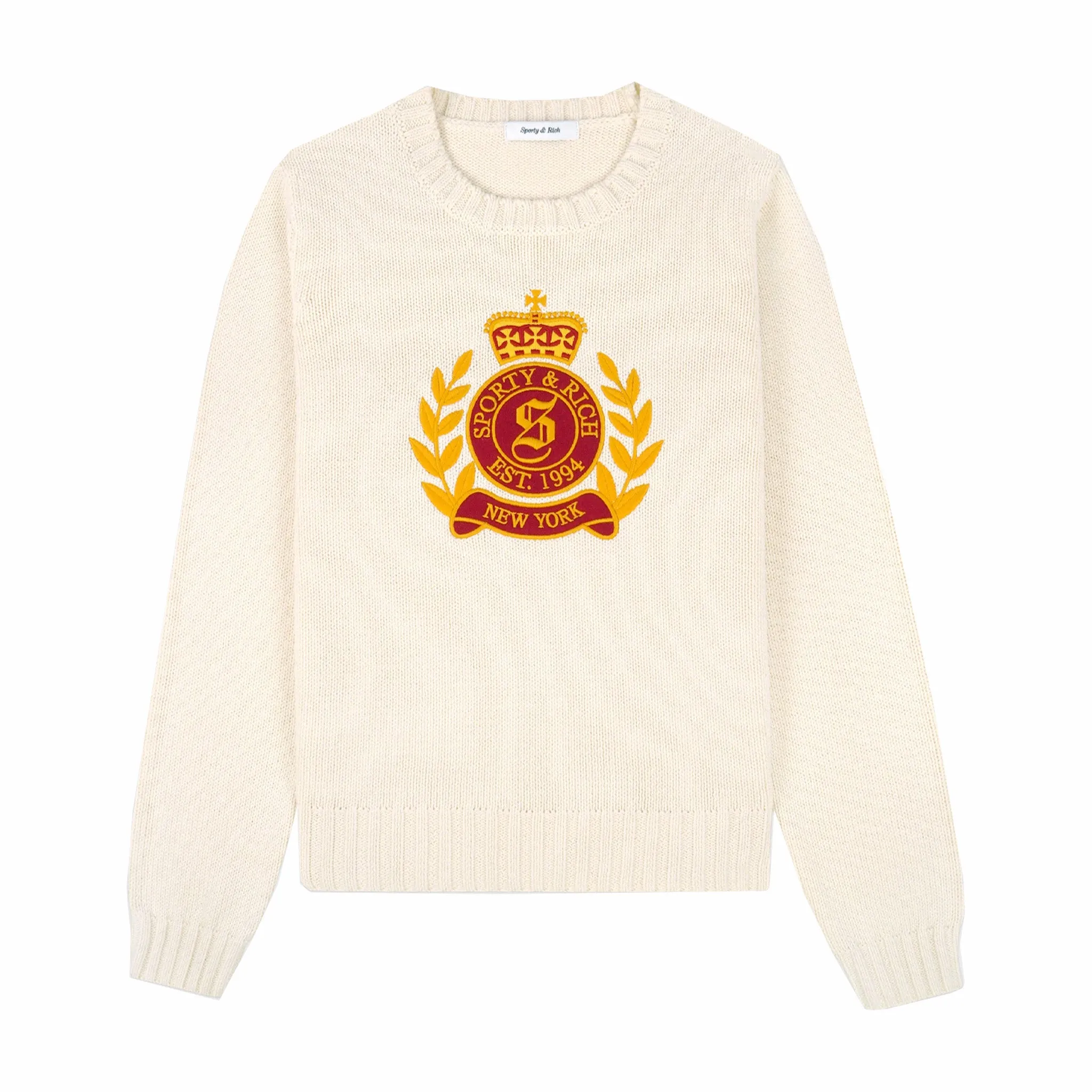 Sporty & Rich Women's NY Crest Knitted Crewneck (Cream/Gold/Red)