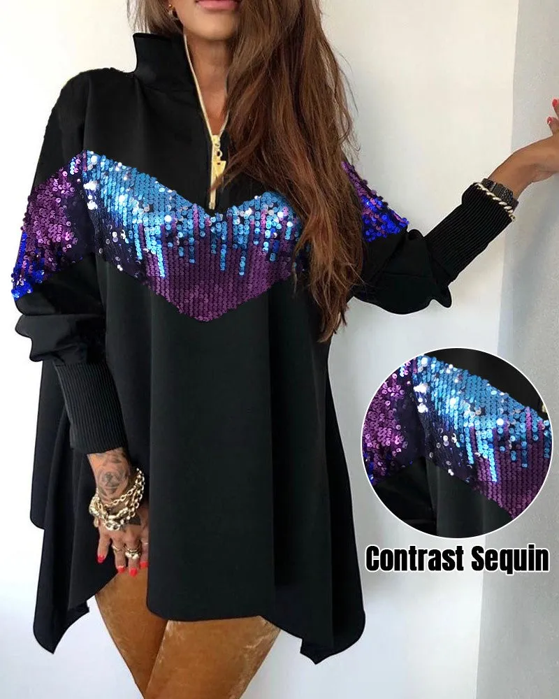 Stand Collar Contrast Sequin Zipper Design Irregular Oversized Top