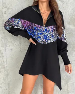 Stand Collar Contrast Sequin Zipper Design Irregular Oversized Top