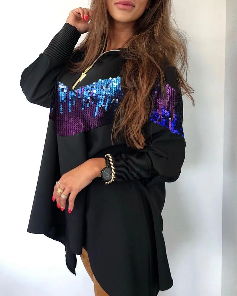 Stand Collar Contrast Sequin Zipper Design Irregular Oversized Top
