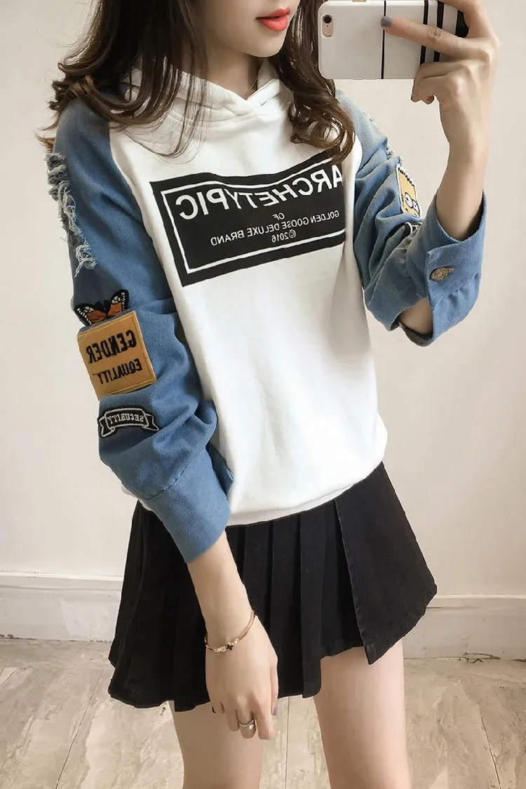 Sweatshirt Women Korean Student Loose Ripped Denim Long Sleeved Hooded Tops T-Shirt Outerwear