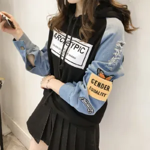 Sweatshirt Women Korean Student Loose Ripped Denim Long Sleeved Hooded Tops T-Shirt Outerwear