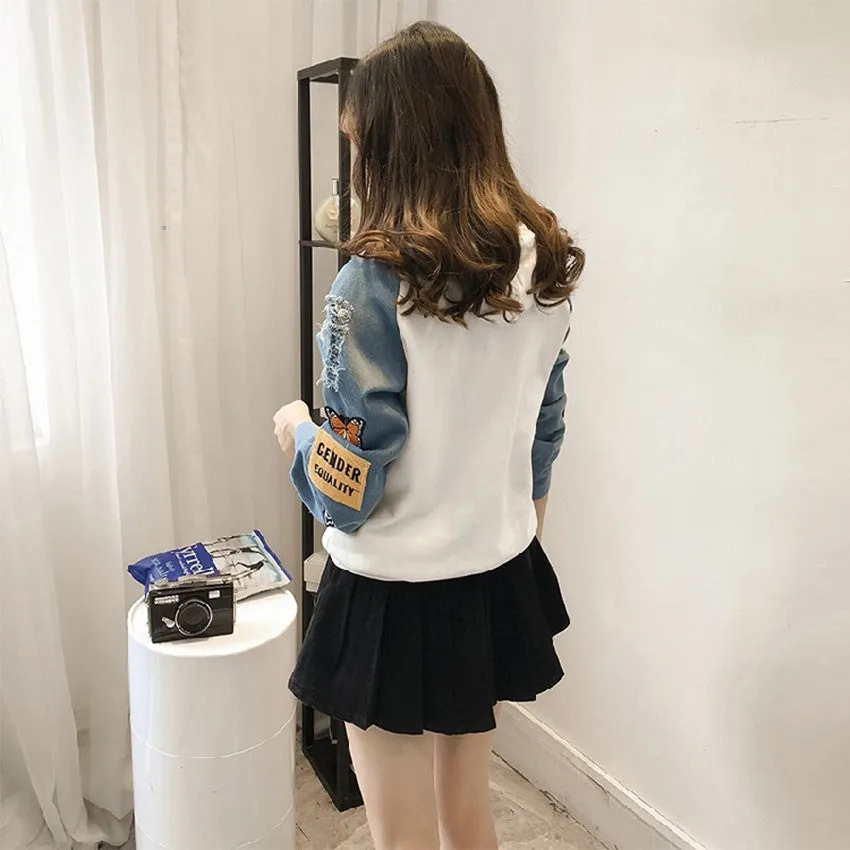 Sweatshirt Women Korean Student Loose Ripped Denim Long Sleeved Hooded Tops T-Shirt Outerwear