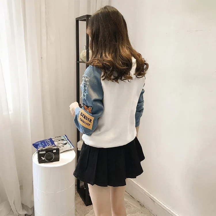 Sweatshirt Women Korean Student Loose Ripped Denim Long Sleeved Hooded Tops T-Shirt Outerwear