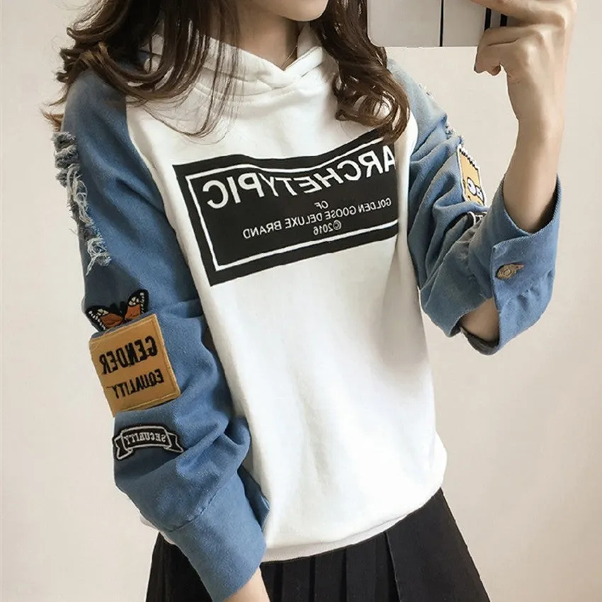Sweatshirt Women Korean Student Loose Ripped Denim Long Sleeved Hooded Tops T-Shirt Outerwear