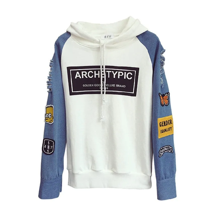 Sweatshirt Women Korean Student Loose Ripped Denim Long Sleeved Hooded Tops T-Shirt Outerwear